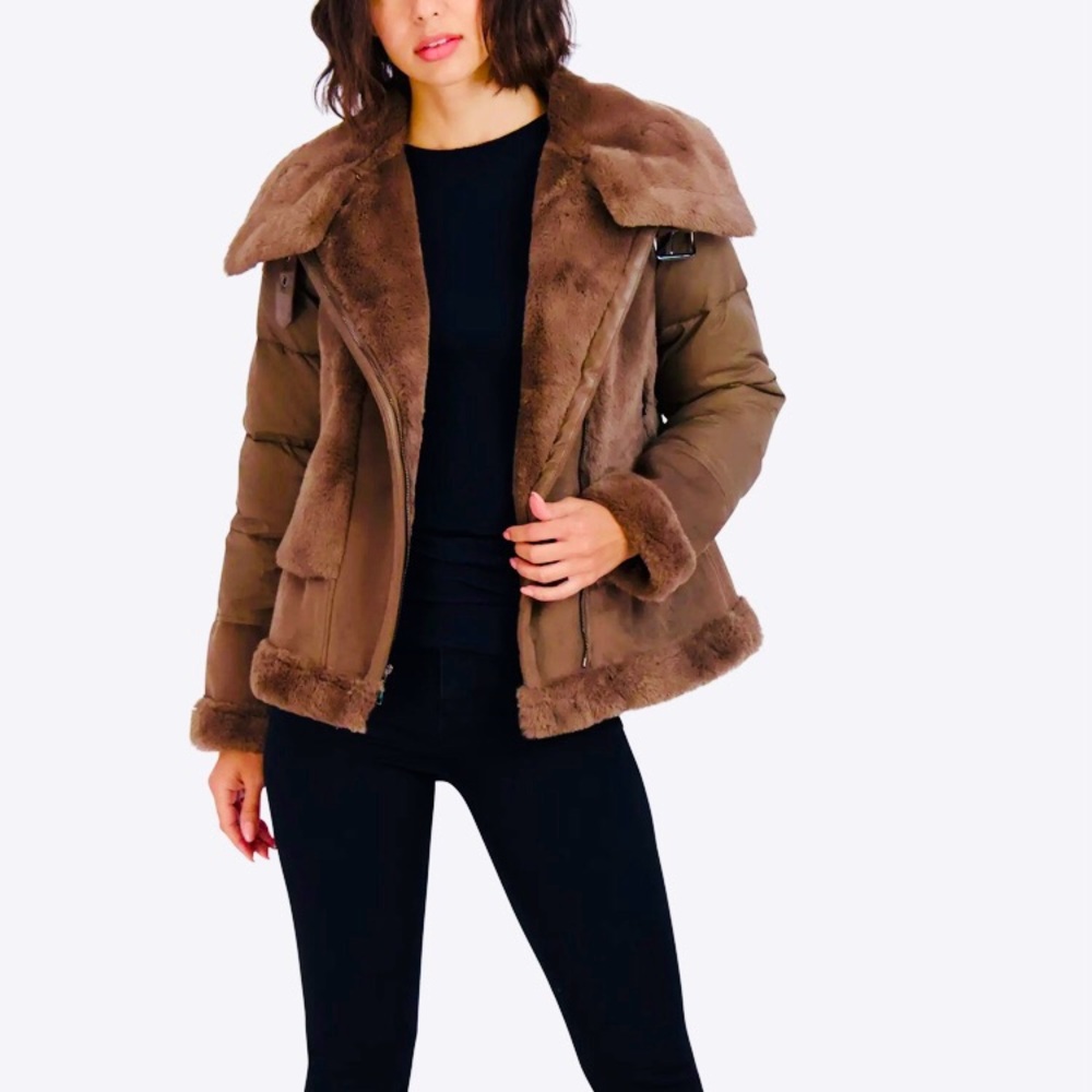 NWT Tahari Saylor Faux Suede Shearling Down Winter Jacket Size Large